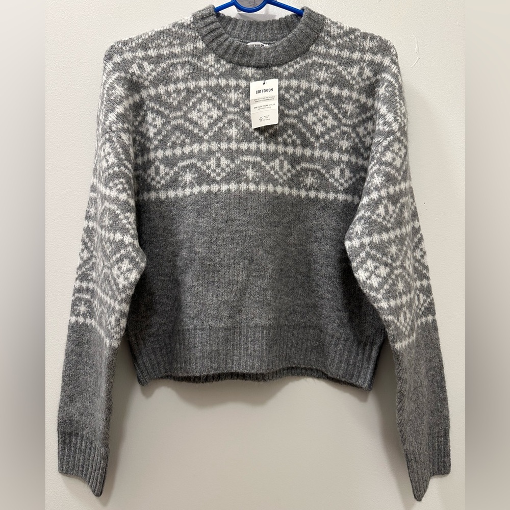 NWT Cotton On Everything Crew Neck Pullover Sweater XS Grey White Cabincore Ski - Picture 1 of 6